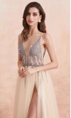 Light Champagne Sequined Long Prom Dresses Slit